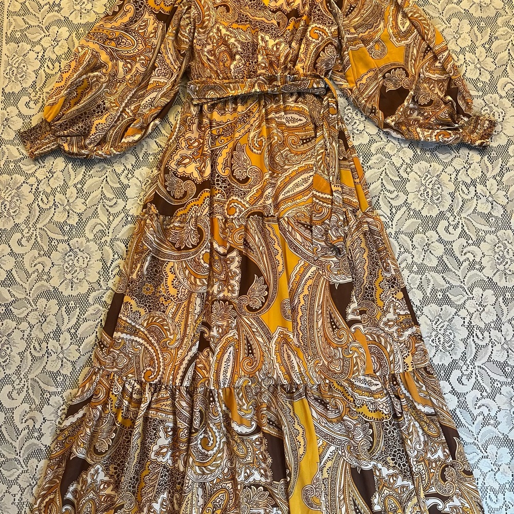 Flying Tomato Floral Bohemian Paisley Print Maxi Dress Balloon Sleeves Ruffled